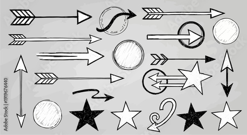 A collection of hand-drawn sketch arrows, circles, and stars in a doodle style on a grey background, showcasing various graphic elements.