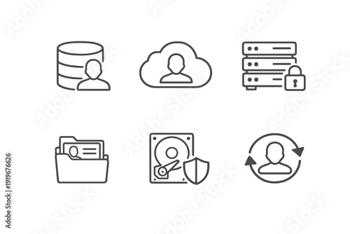 Outline personal data storage icons for backup and information management. Editable stroke vector set optimized for web dashboards and security apps.
