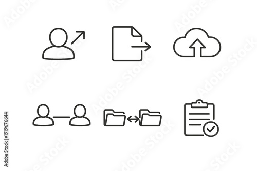Personal data sharing line icon set with clean editable stroke. Data transfer, consent and user information exchange symbols for privacy and digital platforms.