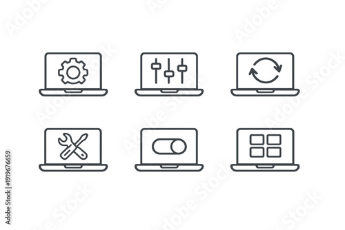 Laptop settings line icon set with clean editable stroke. System configuration, update and control symbols for software dashboards and tech platforms.