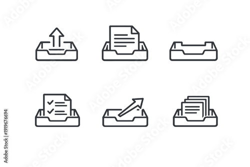 Outline output tray icons for document processing and workflow systems. Editable stroke vector set optimized for web UI and software platforms.