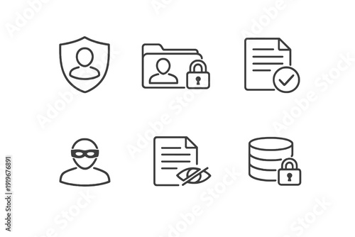 Outline personal data privacy icons for identity protection and compliance systems. Editable stroke vector set optimized for UI and digital security tools.