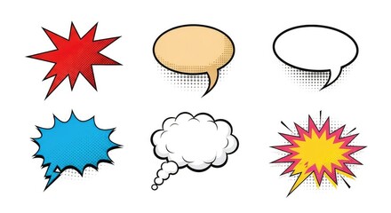 A collection of six different comic book style speech and sound effect bubbles