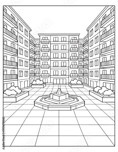 Detailed urban courtyard with fountain and buildings line art coloring page