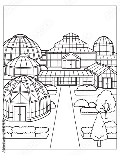 Detailed botanical garden conservatory coloring page with glass domes and greenhouses