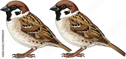 Detailed illustration of two house sparrow birds side view realistic feather texture wildlife nature avian species isolated on white background vector art