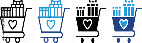 Icon of a shopping cart with a heart symbol containing gift boxes emphasizing giving with affection.
