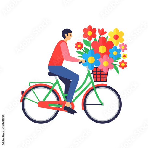 Man riding bicycle with basket full of colorful flowers on white background