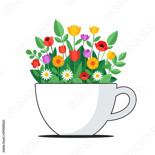Colorful wildflowers and green leaves overflowing from a white teacup in a delightful arrangement