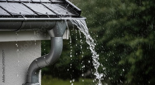 Heavy rain water overflowing from a blocked metal roof gutter on a house during a severe storm downpour.