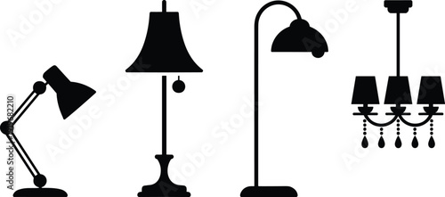 Assortment of black silhouette lamps including a desk lamp a floor lamp and a chandelier for interior lighting
