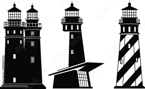Collection of lighthouse silhouettes black vector illustration isolated on white background for maritime navigation coastal architecture design projects
