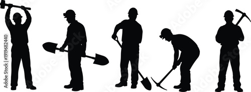 Construction workers silhouette set with tools, industrial laborers holding shovel, pickaxe, sledgehammer and drill, isolated black vector illustration on white background