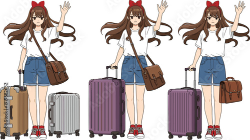 Cute anime girl traveler with suitcase waving hand casual outfit backpack luggage travel concept character illustration isolated on white background vector design