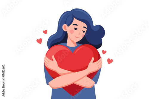 Woman hugs a large heart. Girl holds a pink heart, symbol of love and self care.