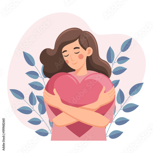 Woman hugs a large heart. Girl holds a pink heart, symbol of love and self care. Illustration.