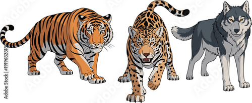 Dynamic of three powerful predatory animals including a tiger, jaguar, and wolf in a forward-moving stance with intense expressions and detailed fur patterns on a white background