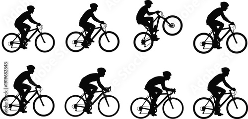 Cyclist Silhouette Collection with Mountain and Road Bike Riding Poses Black Vector Illustration Isolated on White Background
