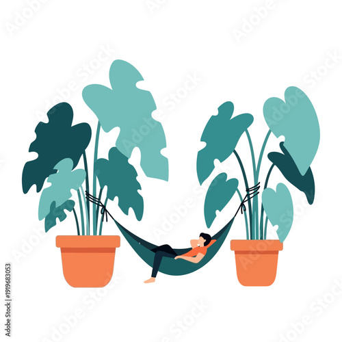 Woman relaxing in hammock between large plants representing tranquility and nature