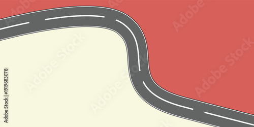 An abstract illustration of a winding grey road with white dashed lines, separating a red and cream two-tone background.