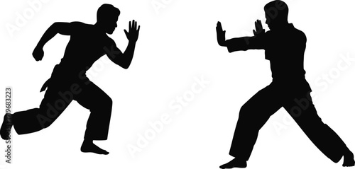 Silhouette of two martial artists engaged in combat training with dynamic poses and focused stances against a white background