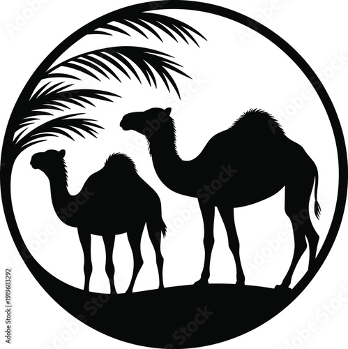 Silhouette of two camels and a palm tree frond within a circular frame representing a desert oasis scene