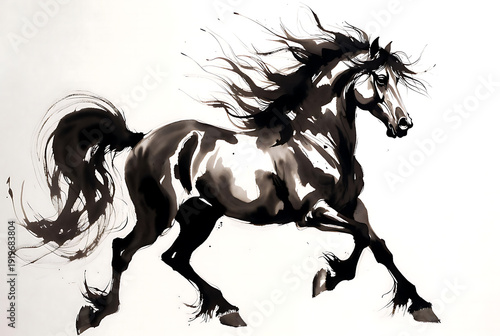 Chinese new year of the horse zodiac brush painting with dynamic ink strokes on white background