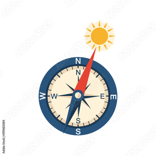 A compass points to the sun, signifying direction, travel, and positive journey ahead