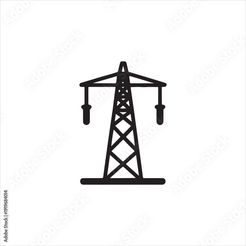 Black outline icon of a high voltage electricity pylon on white background Keywords: electricity, power, pylon