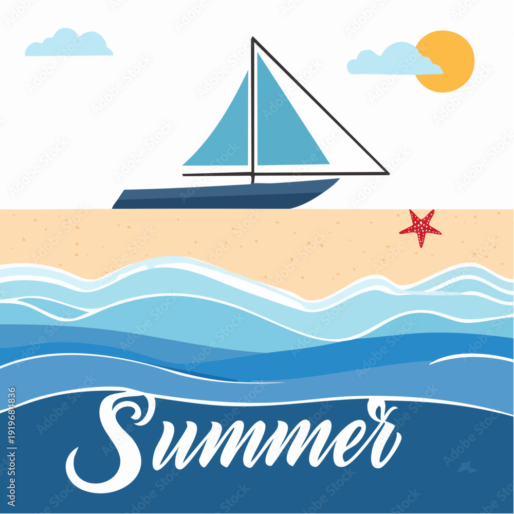 Naklejka premium Abstract minimal summer horizontal poster, cover, card with blue sea waves, yacht, beach sand and modern typography.