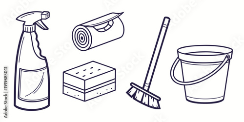 Cleaning supplies arranged neatly on a white background