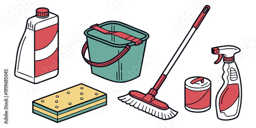 A variety of cleaning supplies including a spray bottle, sponge, mop, and bucket.