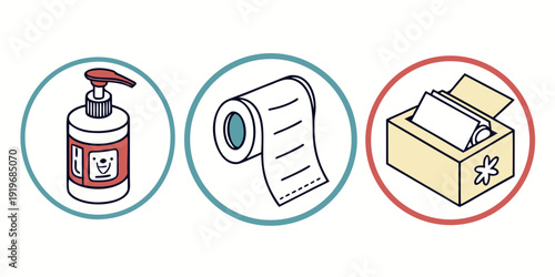 A collection of cleaning supplies including a spray bottle, toilet paper, and a box of tissues