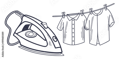 A steam iron and clothes hanging on a line with clothespins