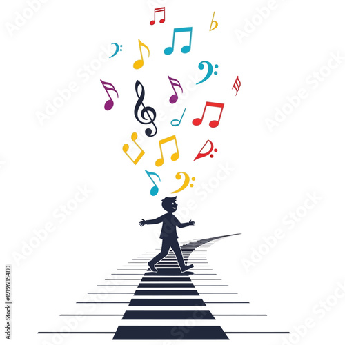 Silhouette of person walking on piano keys with colorful musical notes floating upwards