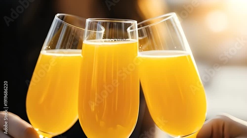 Three elegant champagne flutes filled with bright orange mimosa cocktails are gently clinked together by guests celebrating a special occasion or enjoying brunch outdoors.