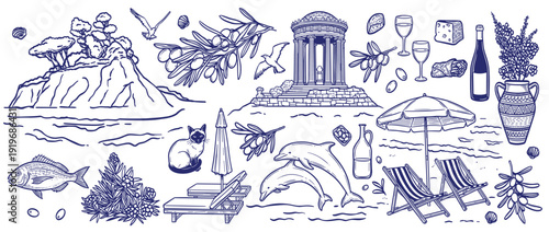 Professional hand drawn Mediterranean travel set with Greek architecture dolphins beach and olive oil for summer vacation and tourism branding