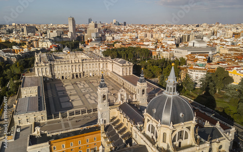 Aerial View of the Royal Palace of Madrid and Almudena Cathedral