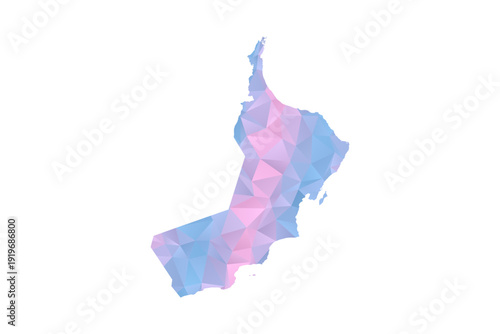 Oman Map - Polygon Style Vector Illustration in Pastel Blue and Pink Gradient, Low Poly Geometric Design, Isolated on White Background for Infographics and Education.