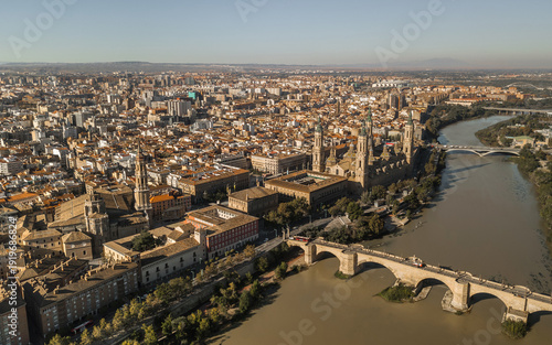 Aerial View of Zaragoza Cityscape with Basilica of Our Lady of the Pillar and Ebro River