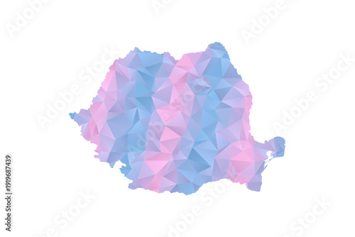 Romania Map - Polygon Style Vector Illustration in Pastel Blue and Pink Gradient, Low Poly Geometric Design, Isolated on White Background for Infographics and Education.