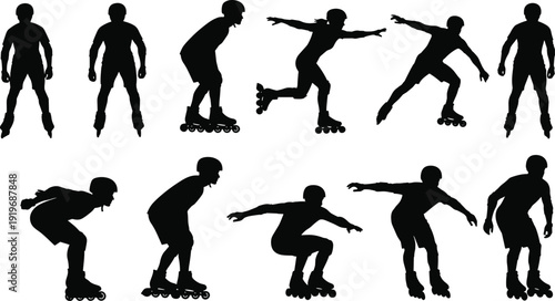 Inline skating silhouettes set with rollerblade movement poses, balance and speed action, extreme sport training concept, athletic motion, black vector illustration