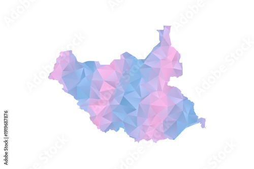 South Sudan Map - Polygon Style Vector Illustration in Pastel Blue and Pink Gradient, Low Poly Geometric Design, Isolated on White Background for Infographics and Education.
