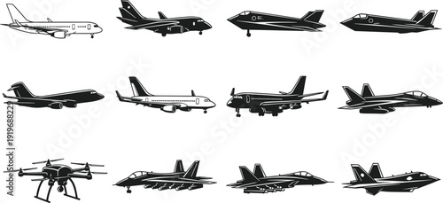 Aircraft silhouette illustration set with passenger planes, military jets and drone, aviation and aerospace collection, transportation technology, black and white vector design