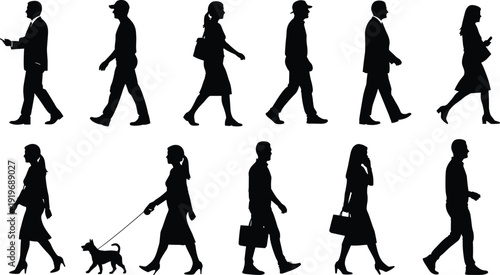 Large collection of diverse adult and children silhouettes standing cheering jumping running walking with backpacks photographers with cameras and business people for community success projects
