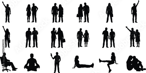 Large collection of diverse adult and children silhouettes standing cheering jumping running walking with backpacks photographers with cameras and people with megaphones for community projects