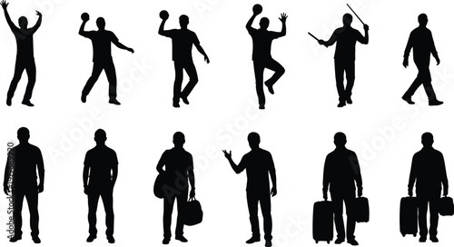 Large collection of diverse adult and children silhouettes standing cheering jumping running walking with suitcases playing and making ok hand signs for community success projects