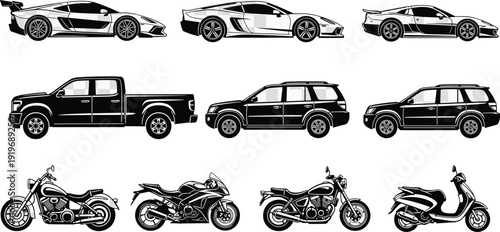 Vehicle silhouette collection featuring supercars pickup truck SUVs motorcycles and scooter side view black white vector illustration set for transportation design assets