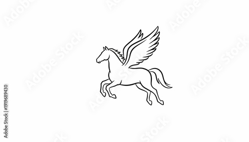 Mythical Pegasus Horse Flying with Wings, Outline Drawing