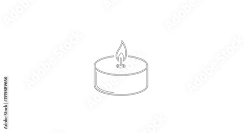 Minimalist line art of a single lit tea light candle with a flame